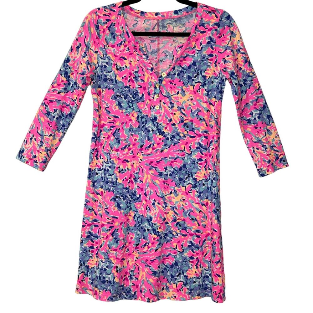 Lilly Pulitzer Coco Coral Crab Banyan Dress Button 3/4 Sleeve Women's XS NWOT